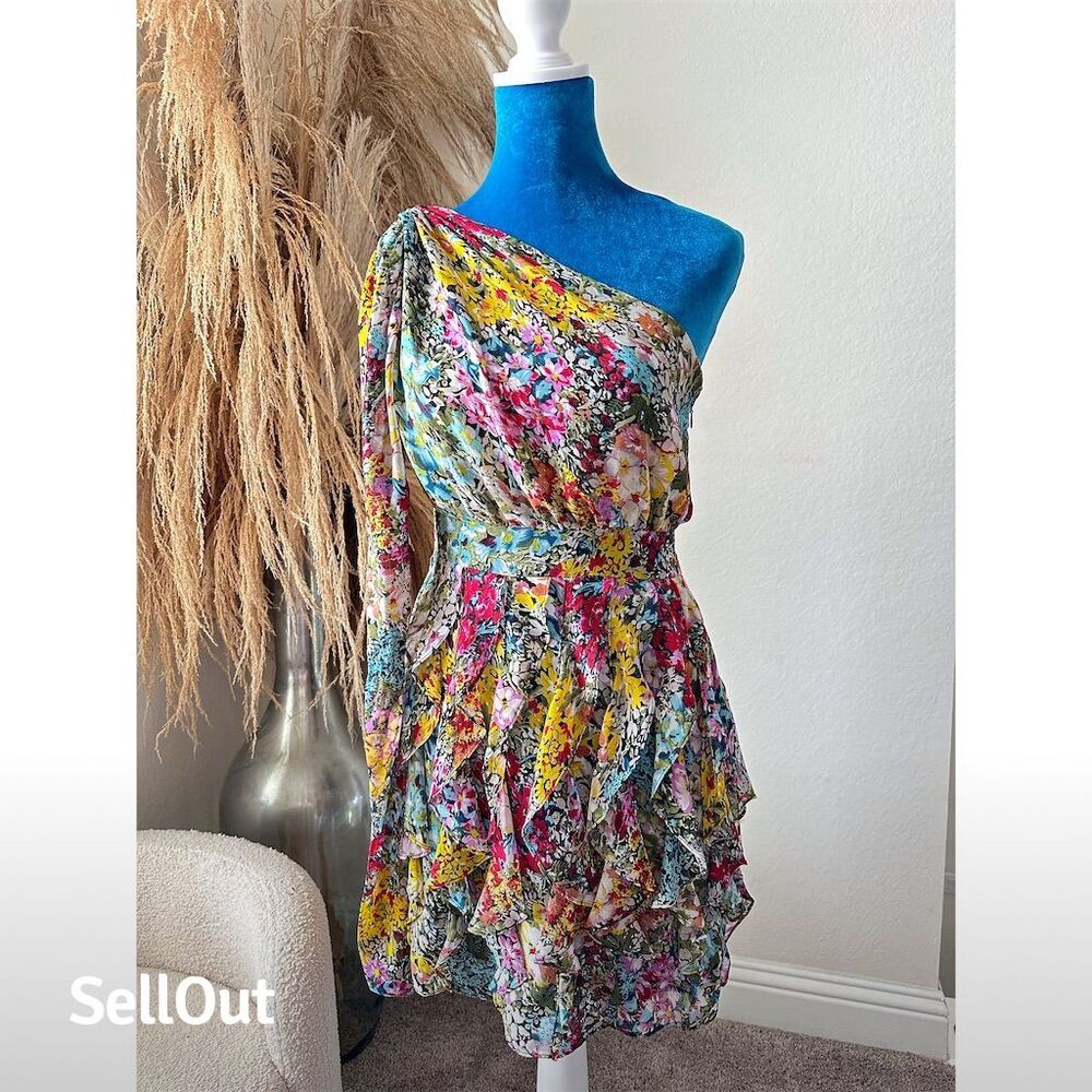 MM Couture Women's One Shoulder Floral Ruffle Dress Size M Multicolor